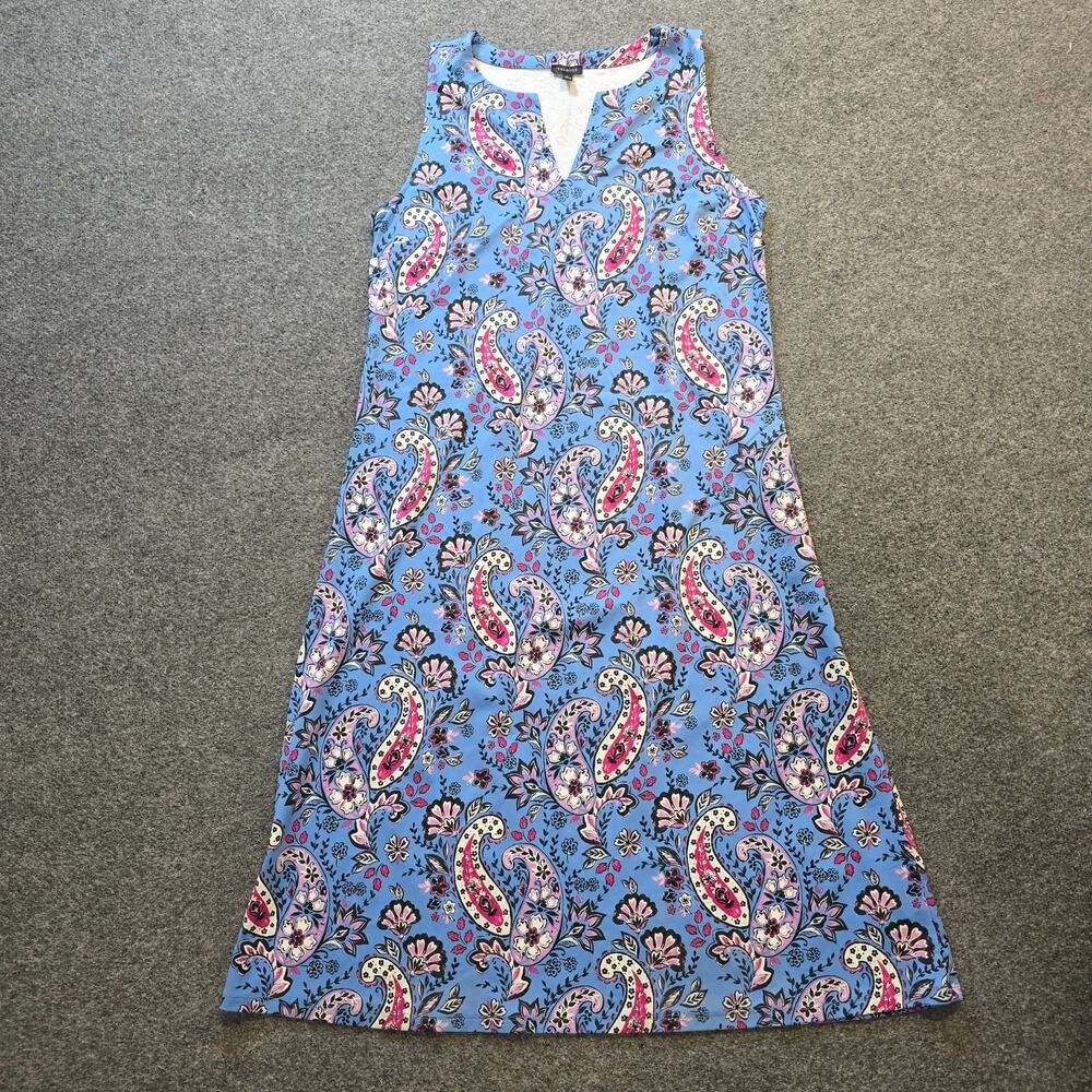 Talbots Dress Womens Size Large Blue Paisley Sheathy Midi Performance Casual